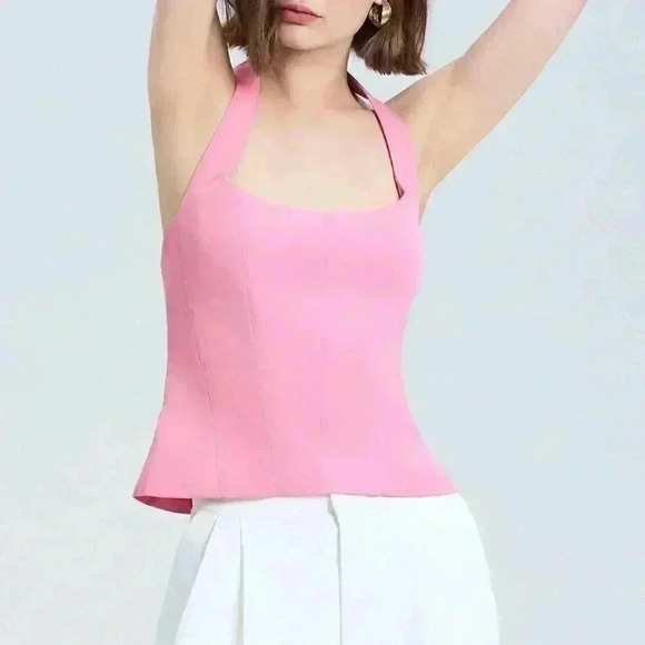Pink Casual Women's Solid Color Summer Halter Neck Backless Tank Top - Picture 3 of 6